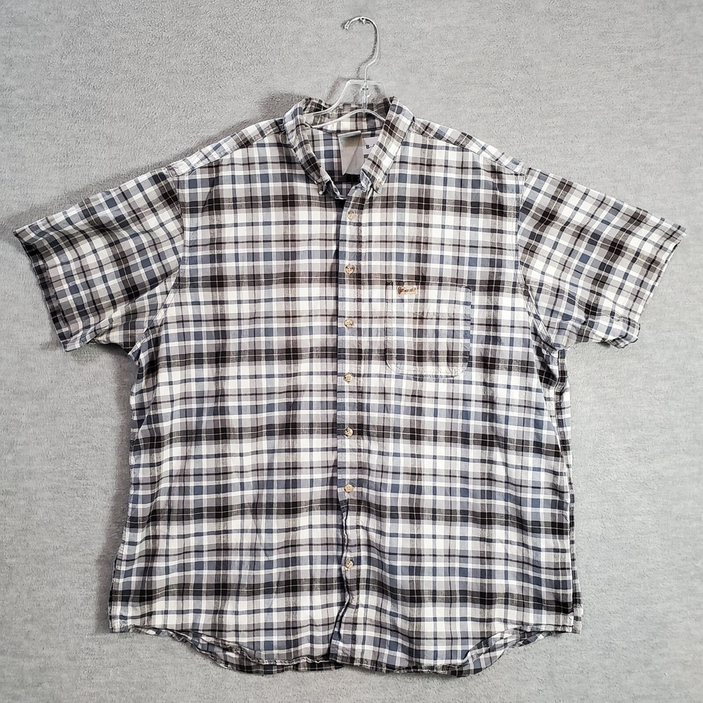Carhartt Men Button Up Shirt 2XL Blue Plaid Pocket Short Sleeve Collar Logo